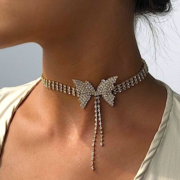 Butterfly Crystal Tassel Choker Rhinestone Necklace - Picture 2 of 10